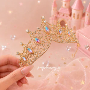 Dívčí zlatá princeznovská korunka s duhovými kamínky