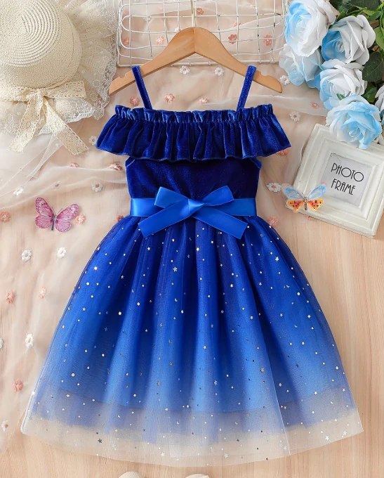 Dívčí společenské šaty Modrá hvězda – semišový vršek