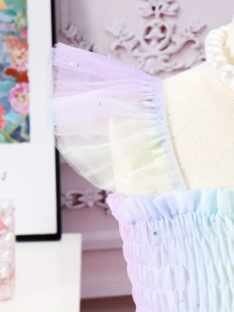 Duhové princeznovské šaty s ramínky – pastelové tylové šaty pro holčičky