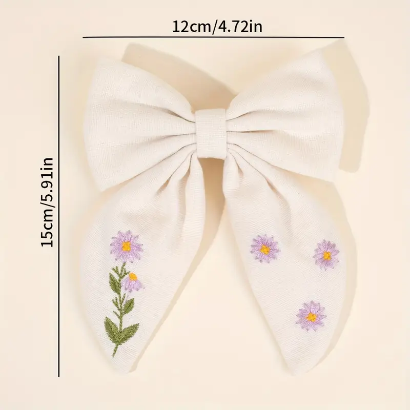 Sponka do vlasů s mašlí – krémová s vyšívanými fialovými kvítky