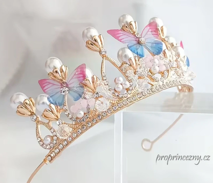 Dívčí korunka s motýlky a perlami – zlatá