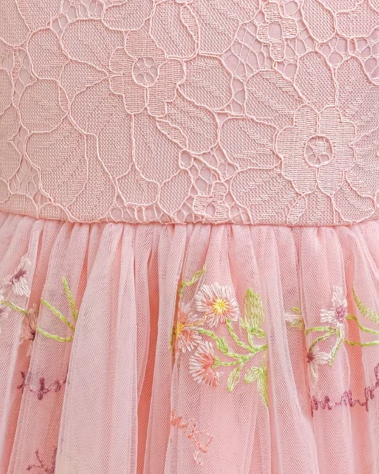 Dívčí slavnostní šaty růžové s květinovou výšivkou