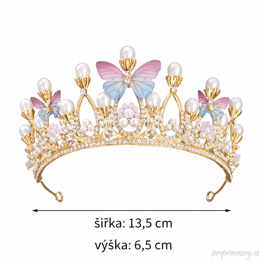 Dívčí korunka s motýlky a perlami – zlatá