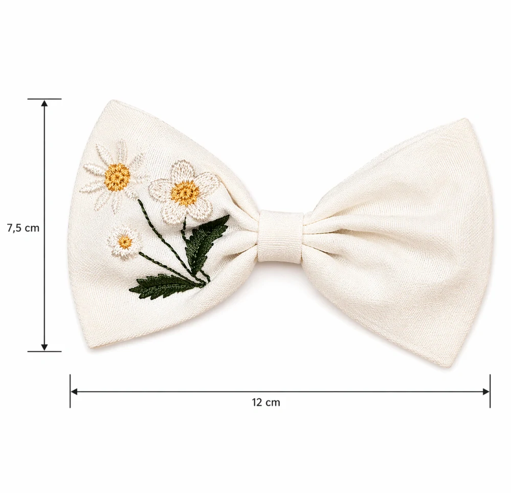 Látková vyšívaná mašle do vlasů – jemný květinový motiv